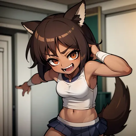 Anime image of a girl with short brown hair, very tanned and brown skin, she wears a very tight schoolgirl uniform and her arms are wrapped in bandages. She is laughing sadistically and she has muscles and she is in a classroom. She has ears. and raccoon t...