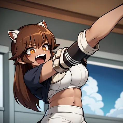 Anime image of a girl with short brown hair, very tanned and brown skin, she wears a very tight schoolgirl uniform and her arms are wrapped in bandages. She is laughing sadistically and she has muscles and she is in a classroom. She has ears. and raccoon t...