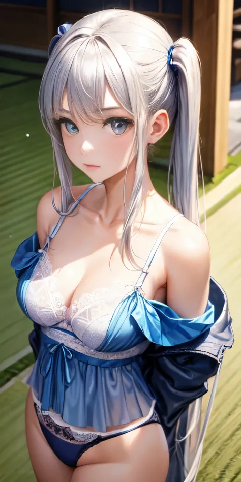 masterpiece, highest quality, Super detailed, detailed beautiful face,(1 girl),beautiful and detailed eyes, looking at the viewer, close, (focus on the chest), (turn your arms behind your back:1.2), (From above:1.1), long silver twintail hair, Clear skin,b...