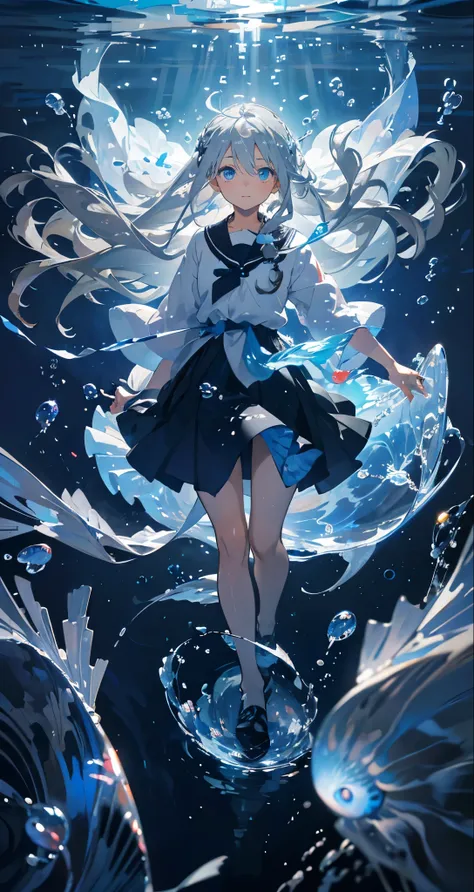 (muste piece), (highest quality), very detailed, 1 girl, solo full body shot, perfect face, anime beautiful girl, very detailed顔，(long gray hair:1.5)，(blue eyes:1.4)，(floating hair:1.4)，(in water:1.4)，seabed，school of fish，Light，jellyfish，seaweed，Colorful ...