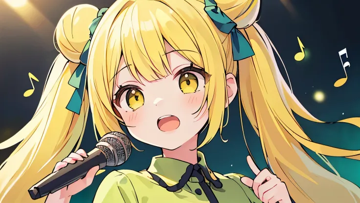 disorganized, High resolution, (anime style etc.:1.1), ((muste piece)), ((best quality)), (Super detailed), (Beautiful),pretty face、(lift up),pretty girl、(((twin tails、bun hair、yellow hair、)))(((((singing)))))((microphone、)(((((1 girl)))))(Green dress)