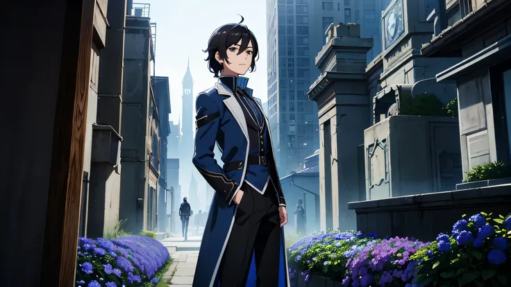 a picture of a man with a Blue jacket in front of a garden, delicate androgynous prince, hestia, casimir art, avatar image, beautiful androgynous prince, barret frymire, male paladin, male super armor, black eyes, black hair, black eyes, black hair,epic li...