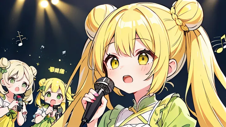 disorganized, High resolution, (anime style etc.:1.1), ((muste piece)), ((best quality)), (Super detailed), (Beautiful),pretty face、(lift up),pretty girl、(((twin tails、bun hair、yellow hair、)))(((((singing)))))((microphone、)(((((1 girl)))))(Green dress)