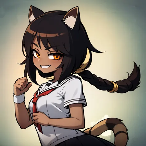 Anime image of a girl with short brown hair, very tanned and brown skin, she has raccoon ears and a tail, she wears a very tight schoolgirl uniform, she is in a classroom and she is smiling sadistically. 