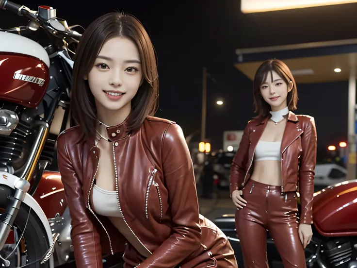 ((beautiful woman with perfect face))、detailed futuristic motorcycle、(one female rider in red leather suit)、standing next to a m...