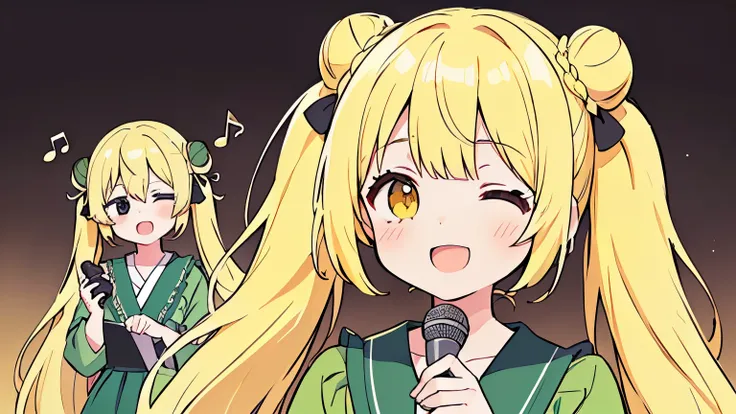 disorganized, High resolution, (anime style etc.:1.1), ((muste piece)), ((best quality)), (Super detailed), (Beautiful),pretty face、(lift up),pretty girl、(((twin tails、bun hair、yellow hair、)))(((((singing)))))(((((1 girl)))))(Green dress)((((Turning a blin...