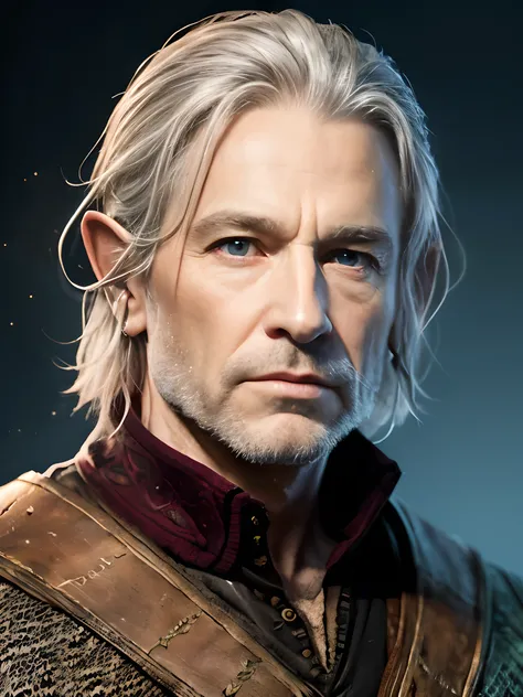 create a random piece of digital art well suitable for a profile picture - ageless male traveller, (style from lord of the rings:1.2) natural ears, Blue eyes, (short trimmed beard), dark blonde/silverfox hair, looks very kind