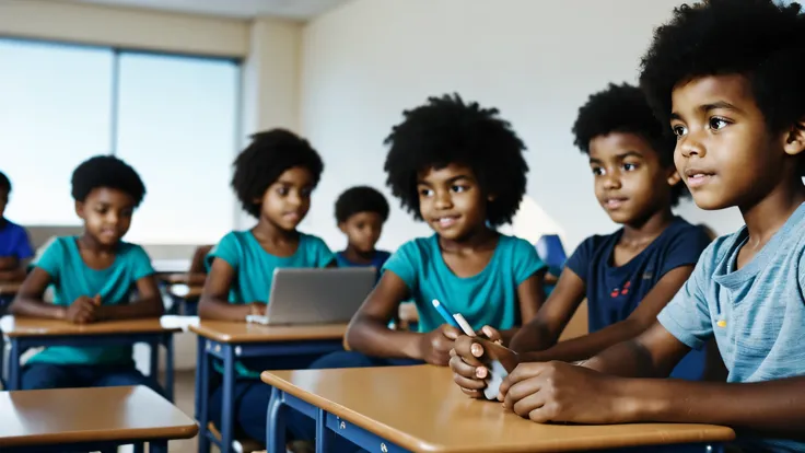 8k quality, very realistic photography, format 9/16, 11-year-old african boy with short and haircut, at school, front of a compu...