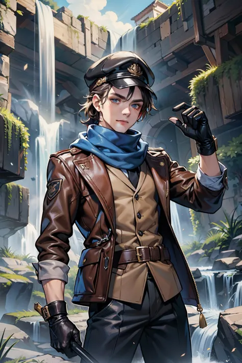 medium full shot portrait, 18-year-old boy, dark brown hair, brother flow style, brow eyes, brown jacket, gray sleeves, black gloves, black pants, beige cap, gray blue scarf, looking at viewer, solo, Waterfall background, rays of light, Digital art