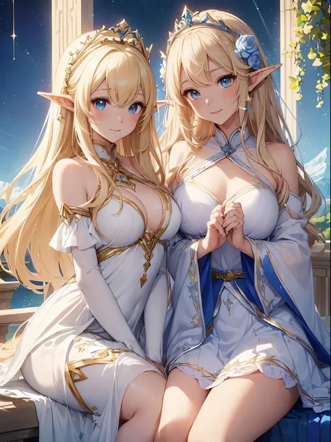 highest quality、Highest image quality、masterpiece、Look at me and welcome、Super beautiful elf goddess((22 years old big bust、bust 90,beautiful long ironed hair、blonde、、slender、Close-up、Esbian、beautiful tiara、High quality、美しいart、background((starry ski)))must...