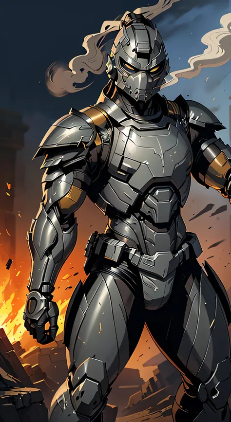 zxcrx, cyborg ninja wearing sleek, (grey and black armour:1.5) that incorporates various mechanical components, his face is cove...