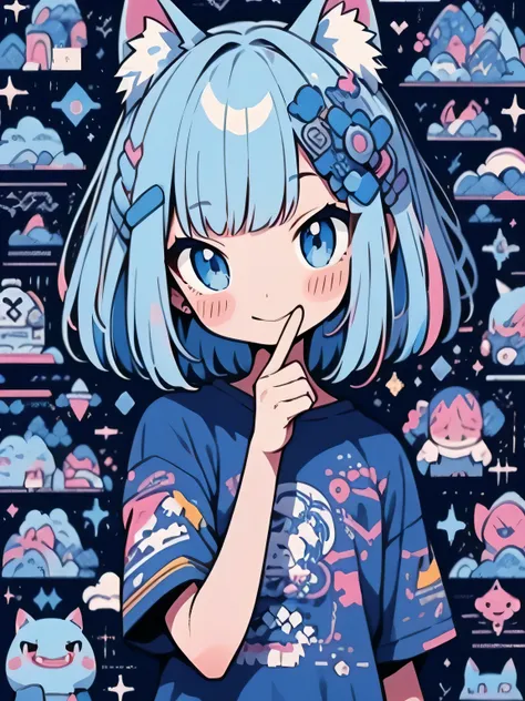 high quality、blue and purple color palette、high-level image quality、Kawaii Girl、Unprecedented amount of drawing、anime styled, smile, Geometric pattern background、sticker style、bob cuts hair, short hair、blue hair、blue cat ears, blue eyes, front facing, hand...