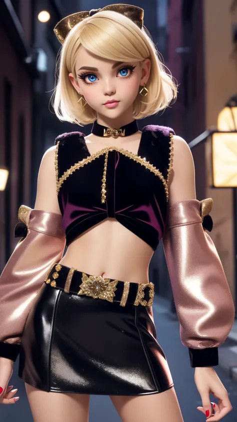 Blonde short hair, Trapped In Glitz Long Sleeve Top, mini skirt has a velvet construction, faux fur trim, a front bow applique, and an all over Bratz glitter print, beautiful eyes, Striking a pose, innocent, on backstreet school, upper image, midshot, cent...