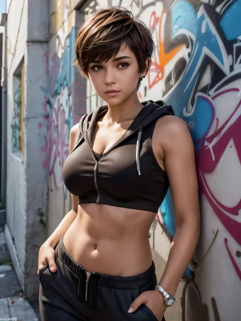 masterpiece, best quality, ultra detailed, 8k, photo realistic, 1girl, solo, tomboy, ultra detailed face, (head shot:1.5), upper body, standing against a wall full of hiphop graffiti, light brown pixie cut hair, (medium breasts:1.5), nder breasts, wearing ...