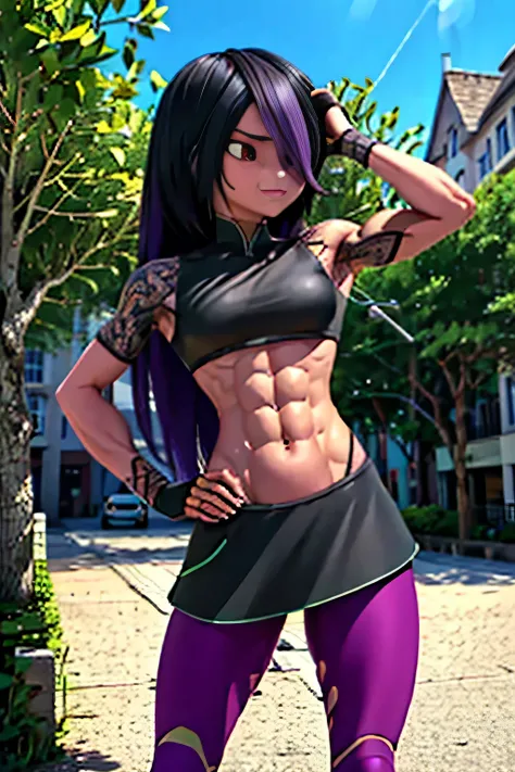 1 girl, ((muscular)) toned body, black hair, perky breasts, long hair, from behind, big ass, big meaty thighs, thick muscular neck, matching neck, matching trapezius muscles, matching hair, bodybuilder, fighter, killing machine, human killer, blood on her ...