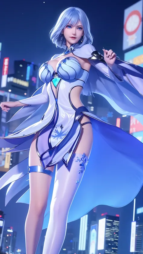 1 girl,adult, cityscape, night,looking at the audience, blue eyes,short skirt,medium to long white hair, blue hair,cape, white p...