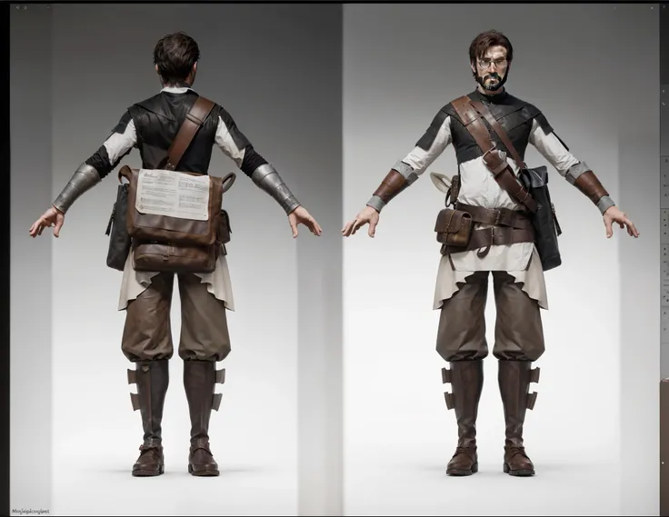 (Realistic:1.33),(masterpiece:1.1),(highest quality:1.1),(HDR:1),a close up of a man with a medieval fantasy bag and a backpack, full body character concept, full body concept, detailed full body concept art, concept shirt, detailed full body concept, full...