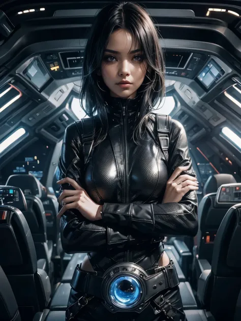  beautiful woman. She has black hair with bangs down.she has his arms folded. He is looking at the camera with a challenging expression. She wears a black, metallic combat uniform. Around his waist he wears a belt with a large round blue jewel embedded in ...