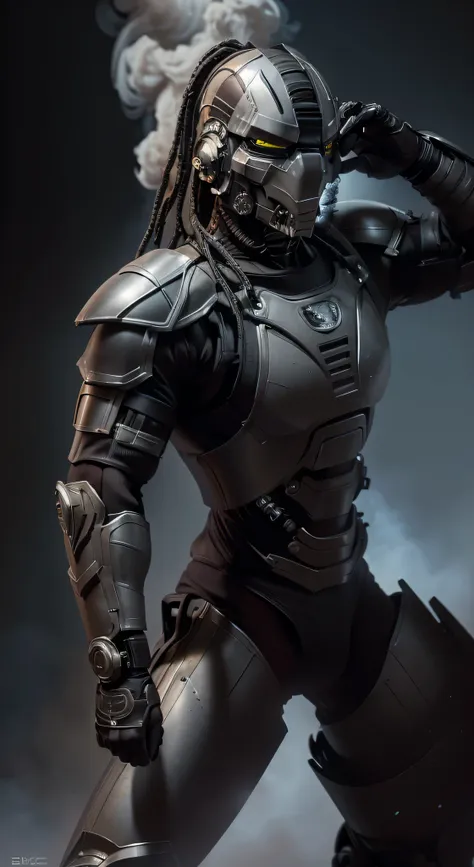 zxcrx, cyborg ninja wearing sleek, (grey and black armour:1.5) that incorporates various mechanical components, his face is covered by a helmet with a (black visor:1.3), arm-mounted blades, energy-based weaponry, ((smoke on background:1.4)), intricate, hig...