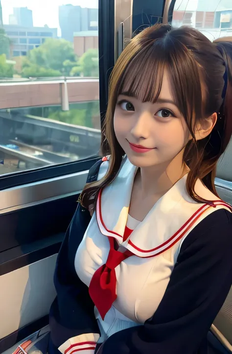 (8K, highest quality, RAW photo),(masterpiece:1.4),(High resolution:1.4), 1 girl, (japanese high school uniform with sailor collar:1.2), sailor suit, red scarf, とてもcute, cute, very pretty, (Lively exterior:1.4), detailed eyes, brown hair, short hair, wave ...