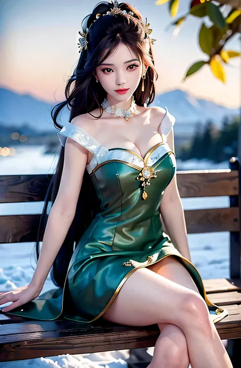 ((masterpiece)), high quality, best quality, high detailed, hd, highres, 8k, A beautiful and charming woman, leaning alone on a bench, under the light of the fire, her complexion is crystal clear like jade, like a crescent moon, like flowers and trees pile...