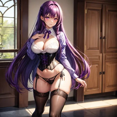 Corset top, thong, thigh high stockings with garters, large breasts, slender figure, long purple hair, purple eyes, standing, full body view