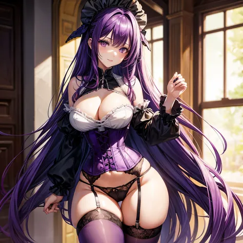 Corset top, thong, thigh high stockings with garters, large breasts, slender figure, long purple hair, purple eyes,