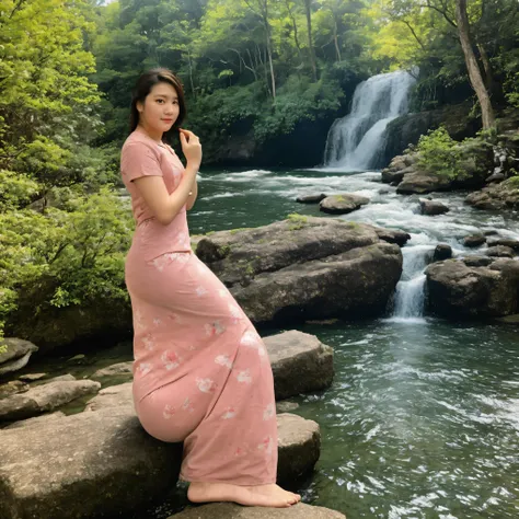 1 girl  solo  1 character  (whole body-1.2);  (Front view - 1.25),  (Near the waterfall. Sitting on a rock)).  (elegant pose, outside, day, sunny, blue sky));  strong wind  (Sunshine begins to spill. Suit)acmm ss outfit, wearing acmm top, light purple acmm...