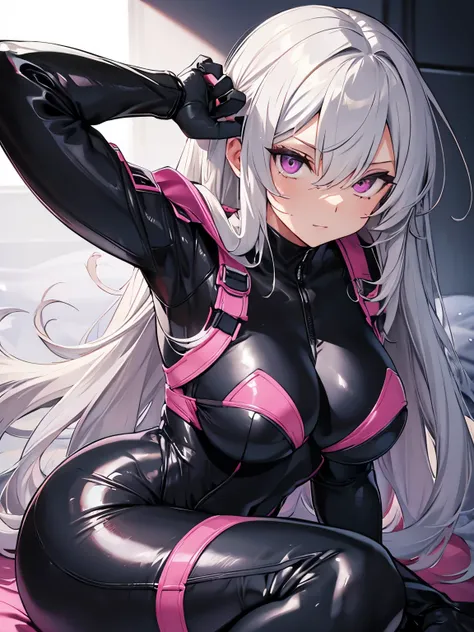 rubber suit　villain　sexy　tits　thighs　butt　less cloth area　gray hair　pink eyes