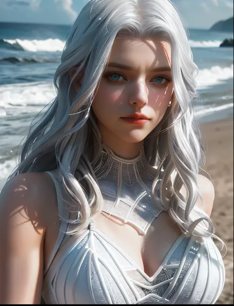 (Extreme Detail CG Unity 8K wallpaper, masterpiece, highest quality), (Exquisite lighting and shadow, highly dramatic picture, Cinematic lens effect), a beautiful girl in a white Spider-Man costume, white lingerie, silver gray hair color, long hair, from t...