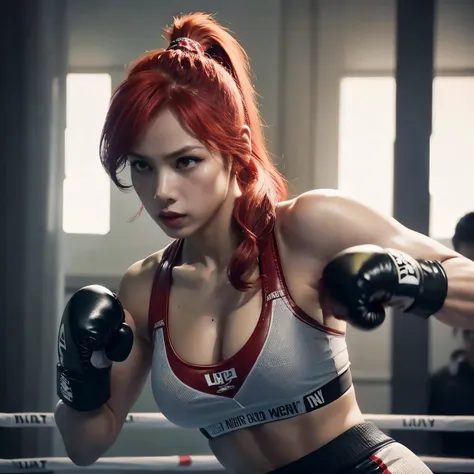 uma mulher ruiva, lutadora, with boxing gloves wearing her hands and her red hair tied in a ponytail, your serious and concentra...