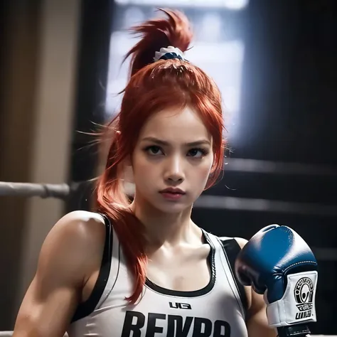 uma mulher ruiva, lutadora, with boxing gloves wearing her hands and her red hair tied in a ponytail, your serious and concentra...