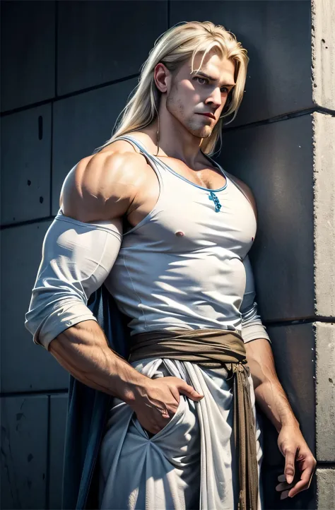 realistic rendering, white german male, in his 20s, handsome, big jawline, ice blue eyes, cold eye expression, thin blonde long hair, looking down on camera, big shoulder, muscle, strong body, wearing tribal linen clothes, fist, one arm up on a wall, kille...