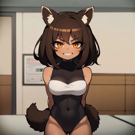 Anime image of a girl with short brown hair, very tanned and brown skin, she has raccoon ears and a tail., usa un uniforme de colegiala muy ajustado,  She is very muscular and smiles sadistically while in a classroom