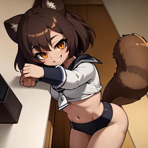 Anime image of a girl with short brown hair, very tanned and brown skin, she has raccoon ears and a tail., usa un uniforme de colegiala muy ajustado,  She is very muscular and smiles sadistically while in a classroom