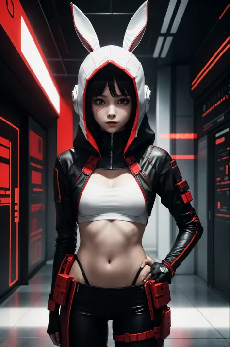 white bunny, hackers delight, hackers wallpaper, 4k, cyberpunk, deep, golden ratio, black and red colors. blood, petite tiny girl, but powerfull