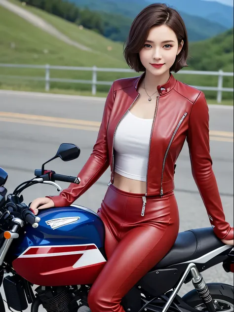 ((best quality)), ((masterpiece)), perfect face、(Detailed Motorcycle)、A cool girl on a bike takes a break at an observation deck on a mountain pass、(Red leather suit)、smile、((blue eyes))、short hair、almond latte colored hair