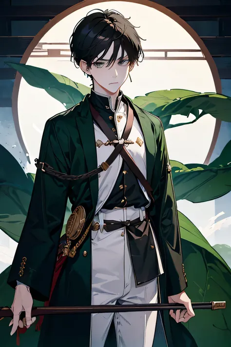 cowboy shot((no hat :1.5)),1 male,green eyes,fine eyes,black hair,((short hair:1.2)),white military uniform,onmyouji,prince,shrine,torii,