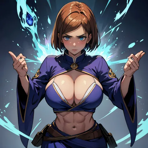 great quality, (1 woman), very focused face, nobara, diamond face, perfect eyes, (wearing mage robe), mage robe, magic,  strong shadows, full body, detailed face, (casting spell), blue flashes of light, blue sparks, in battle, detailed abs, shinying eyes, ...