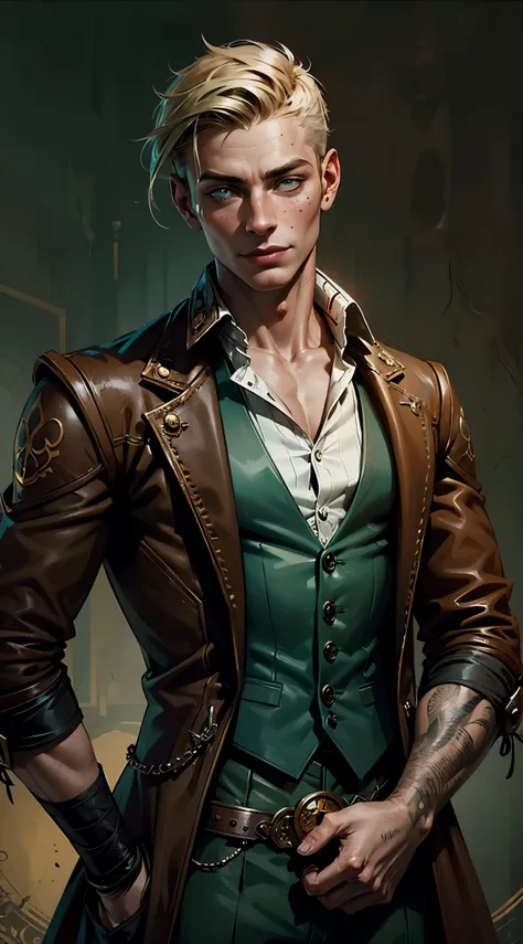 fantasy steampunk, a young attractive man, brush cut, freckles, pale green eyes, tan skin, smiley face, unbuttoned red doublet, many black tattoo on hands, circus background, he is an illusionist and mage, teenager, steampunk cowboy style in clothes, Weste...