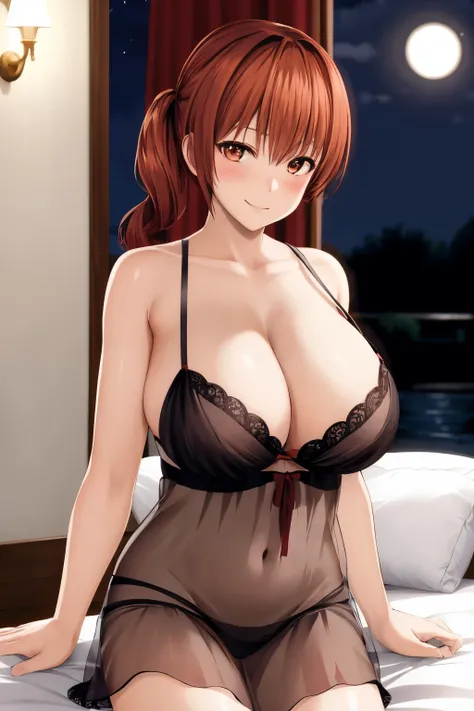 Kasumi, 1 girl, smile, blush, dark lighting, Bedroom, ((night dress)),  big breasts, 