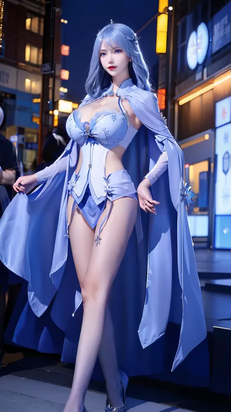 1 girl,adult, cityscape, night,looking at the audience, blue eyes,short skirt,Medium to long white hair, blue hair,cape, white pantyhose,snowflake, floral, jewelry, gem,shining, thigh strap,huge 、huge breasts，4K screen，Dancing，exposing her chest、Show breas...