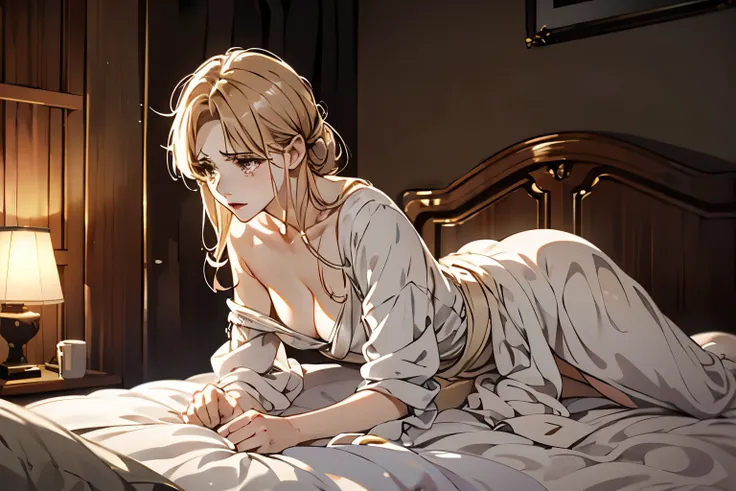 NFSW、40 year old married woman 1 alone on the bed、Her straight golden hair is tied up.、mature red lips、The nape of the neck is exposed、lying on the bed、legs stretched wide open、Face turned away、An expression of bitter sadness and tears、Her robe comes off a...
