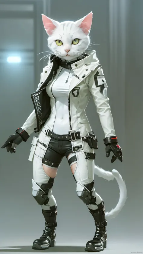 (cute white cat: 1.5), standing, cute, wearing a cyberpunk costume