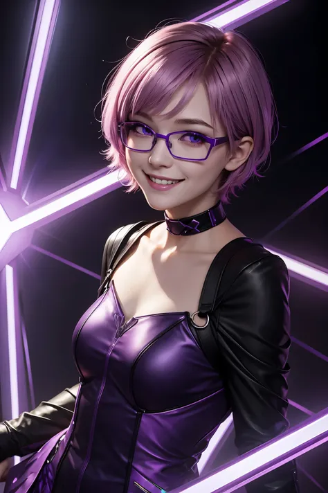 Purple, neon lighting, short hair, pale skin, brightly glowing purple eyes, portrait of a cute smiling girl wearing metal frame glasses