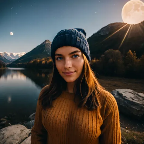 1 woman ((upper body selfie, happy)), belle brune, blue eyes, masterpiece, best quality, ultra-detailed, solo, outdoors, (night), mountains, nature, (stars, moon) cheerful, happy, backpack, sleeping bag, camping stove, water bottle, mountain boots, gloves,...