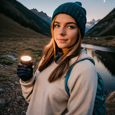 1 woman ((upper body selfie, happy)), belle brune, blue eyes, masterpiece, best quality, ultra-detailed, solo, outdoors, (night), mountains, nature, (stars, moon) cheerful, happy, backpack, sleeping bag, camping stove, water bottle, mountain boots, gloves,...