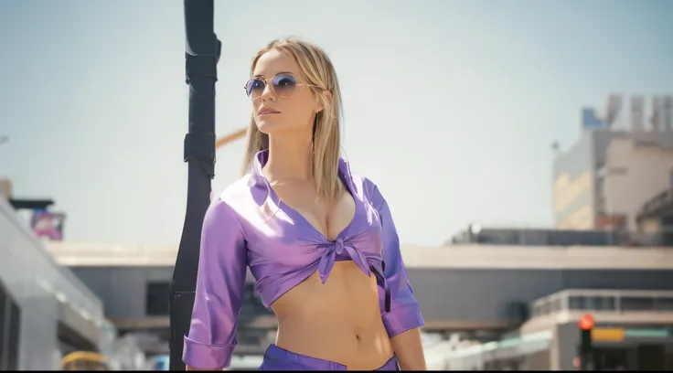 Blonde hair,cute,(((Sweats on body))),((blue eyes)),(((deep navel))),hot,big cleavages,(big cleavage),(((deep belly button))),purple sunglass 