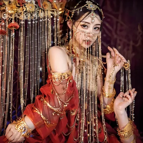 （（（Eyes are very delicate）））（（（hair accessories）））（（（veil（24））））（（（veil））），necklace，Wearing a red transparent sexy silk dress， ((glowing skin))The room is filled with Chinese New Year decorations（（（masterpiece）））， （（best quality））， （（intricate details））， （...