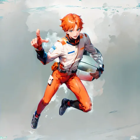 A man holding a spacesuit helmet，(best quality,4k,8k,highres,masterpiece:1.2),ultra-detailed,(realistic,photorealistic,photo-realistic:1.37),backpack-carrying anime character jumping in the air, official character artwork, cool anime pose, official artwork...